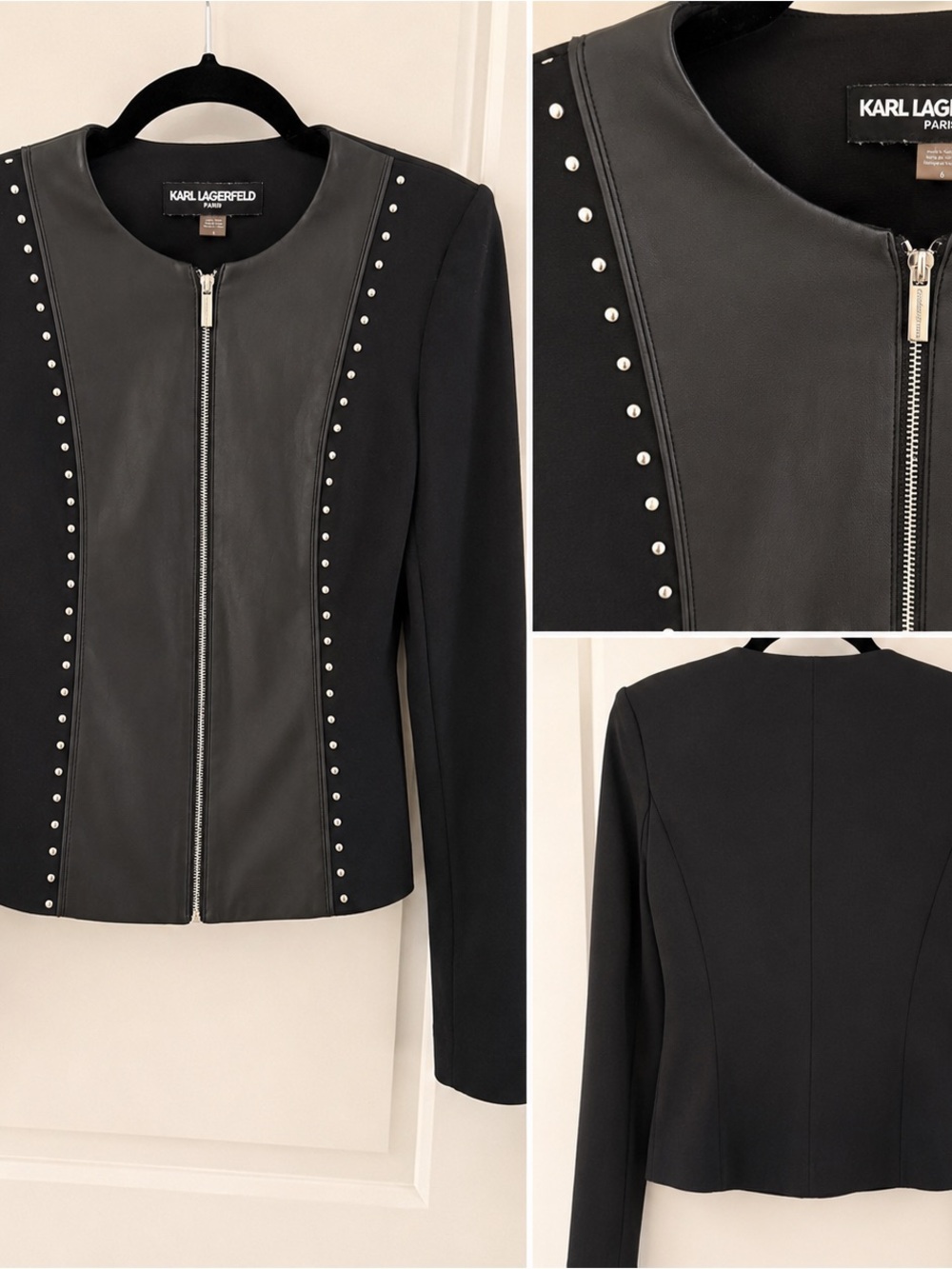 Karl Lagerfeld Black Faux-Leather Panel Studded Zip Blazer
